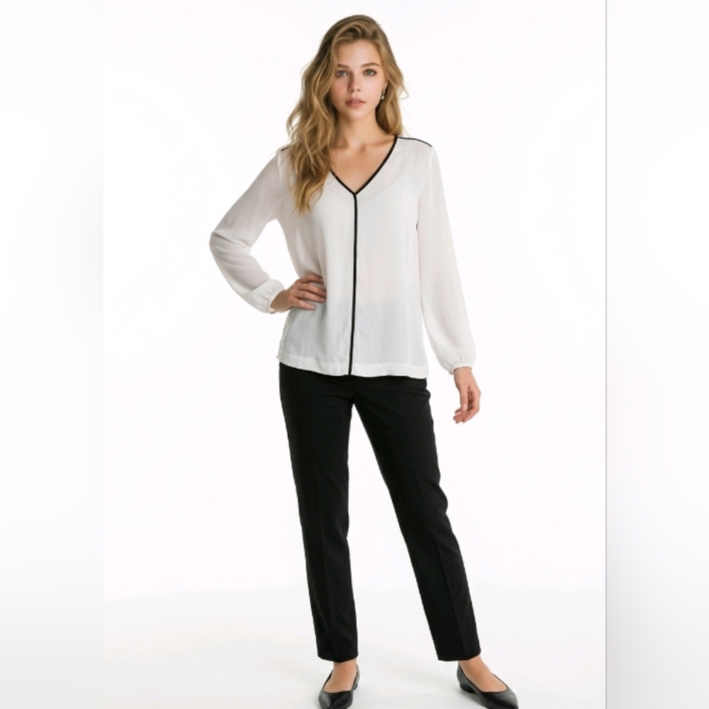 DKNY White V-Neck Blouse with Black Piping Office Capsule Wardrobe Size Medium